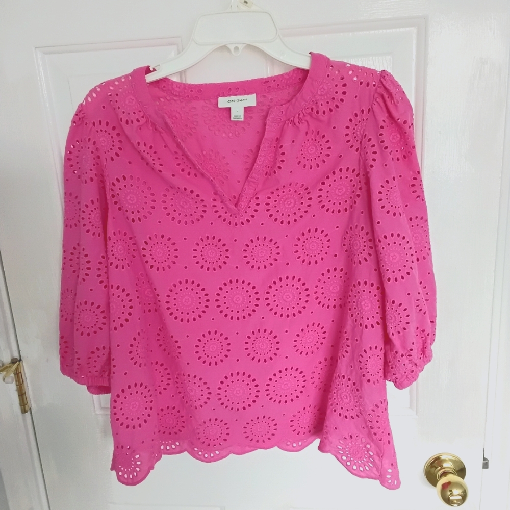 **** SEE FREE OFFER-On.34th Pink Puff Sleeve Blouse with Embellished Boxy Style